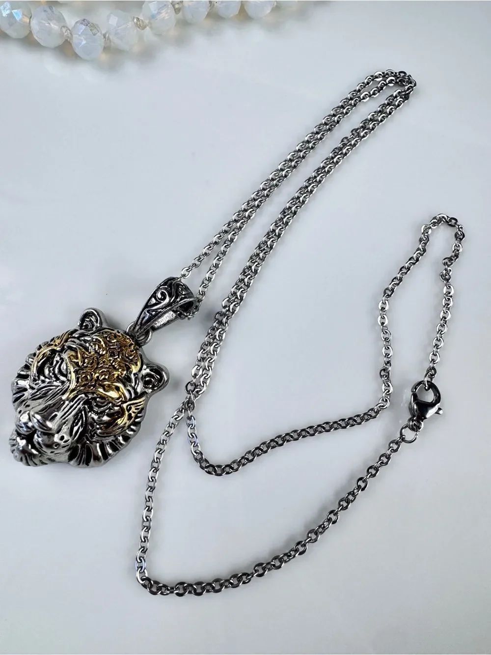 Two-Tone Silver and Gold Tiger Head Pendant Necklace for Women - Picture 3 of 7